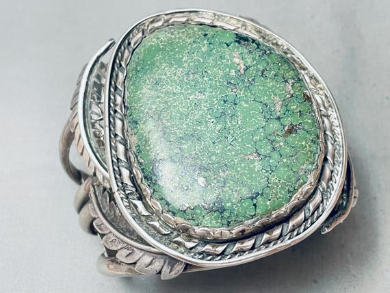One Of The Largest Best Vintage Native American Navajo Green Turquoise Sterling Silver Bracelet - Make An Offer! View 2