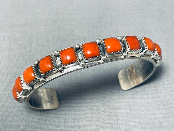 Jo Tso Vintage Native American Navajo Signed 11 Corals Sterling Silver Bracelet Jo Tso Vintage Native American Navajo Signed 11 Corals Sterling Silver Bracelet