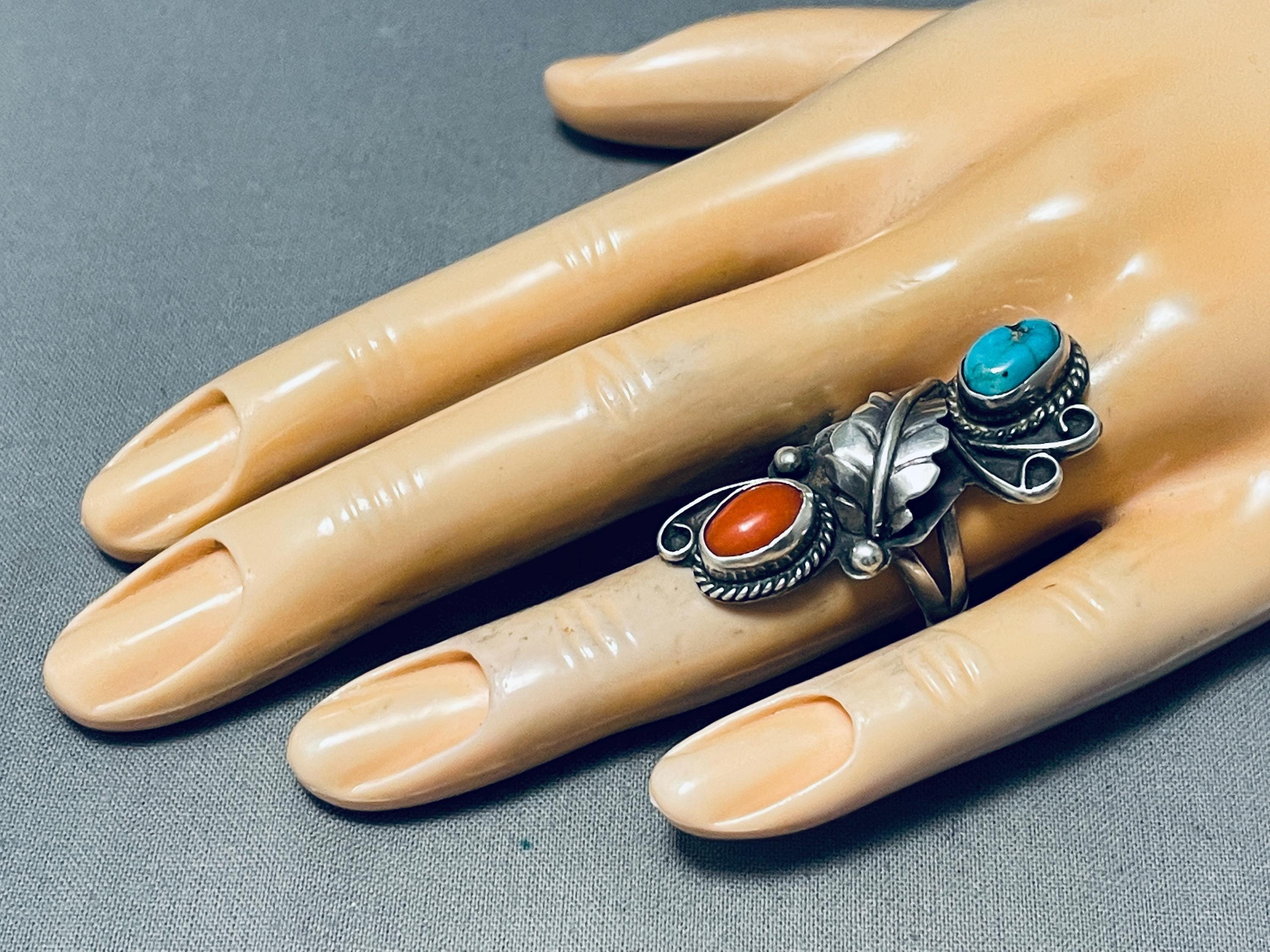 Bague Ancienne Navajo En Argent Et Turquoise Morensi - Arizona, Années 1920/1930 - Unisexe Occasion