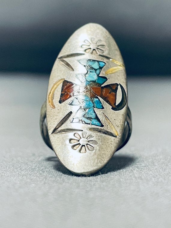 Nostalgic Vintage Native American Navajo Turquoise Coral Sterling Silver Inlay Ring Nostalgic Vintage Native American Navajo Turquoise Coral Sterling Silver Inlay Ring
