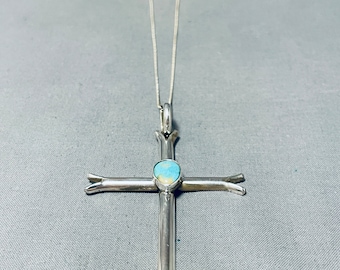 Elegante Indiaanse Navajo Royston Turquoise Sterling zilveren kruisketting - Doe een bod!