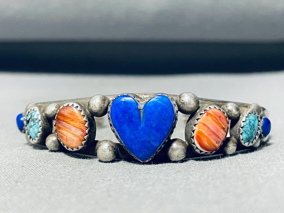 Superior Vintage Native American Navajo Coral Lapis Sterling Silver Bracelet Cuff Superior Vintage Native American Navajo Coral Lapis Sterling Silver Bracelet Cuff