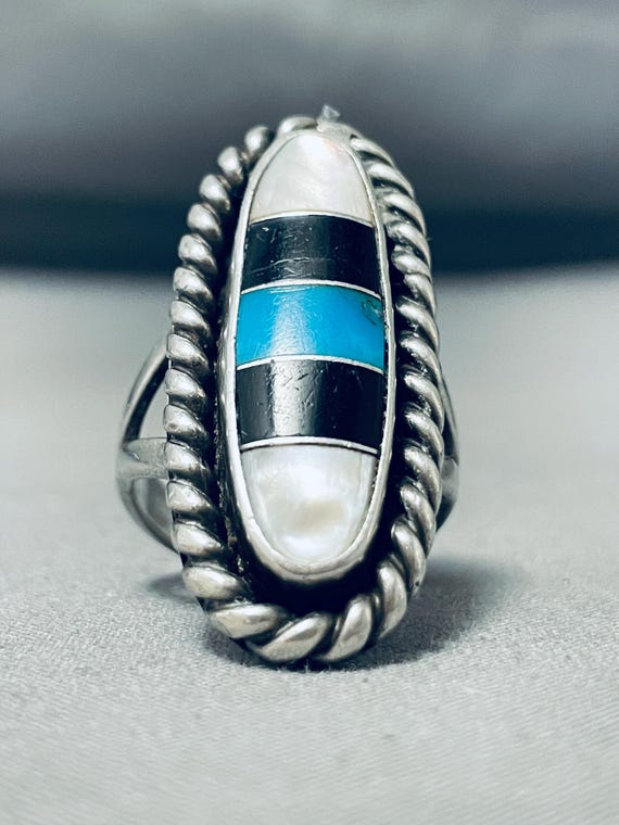 Impressive Native American Navajo Jet Inlay Sterling Silver Ring Impressive Native American Navajo Jet Inlay Sterling Silver Ring