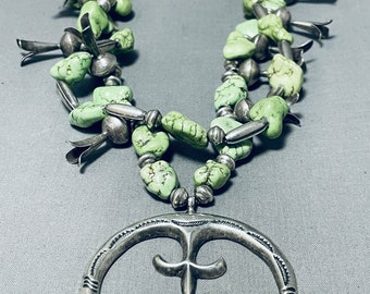 Naar adem snakken! Vintage Native American Navajo groen turkoois Sterling zilveren squash bloesem ketting - doe een bod!