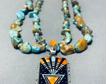 Ray Jack Native American Navajo Royston Turquoise Spiny Oyster Sterling zilveren ketting - Doe een bod!