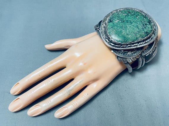 One Of The Largest Best Vintage Native American Navajo Green Turquoise Sterling Silver Bracelet - Make An Offer! View 6