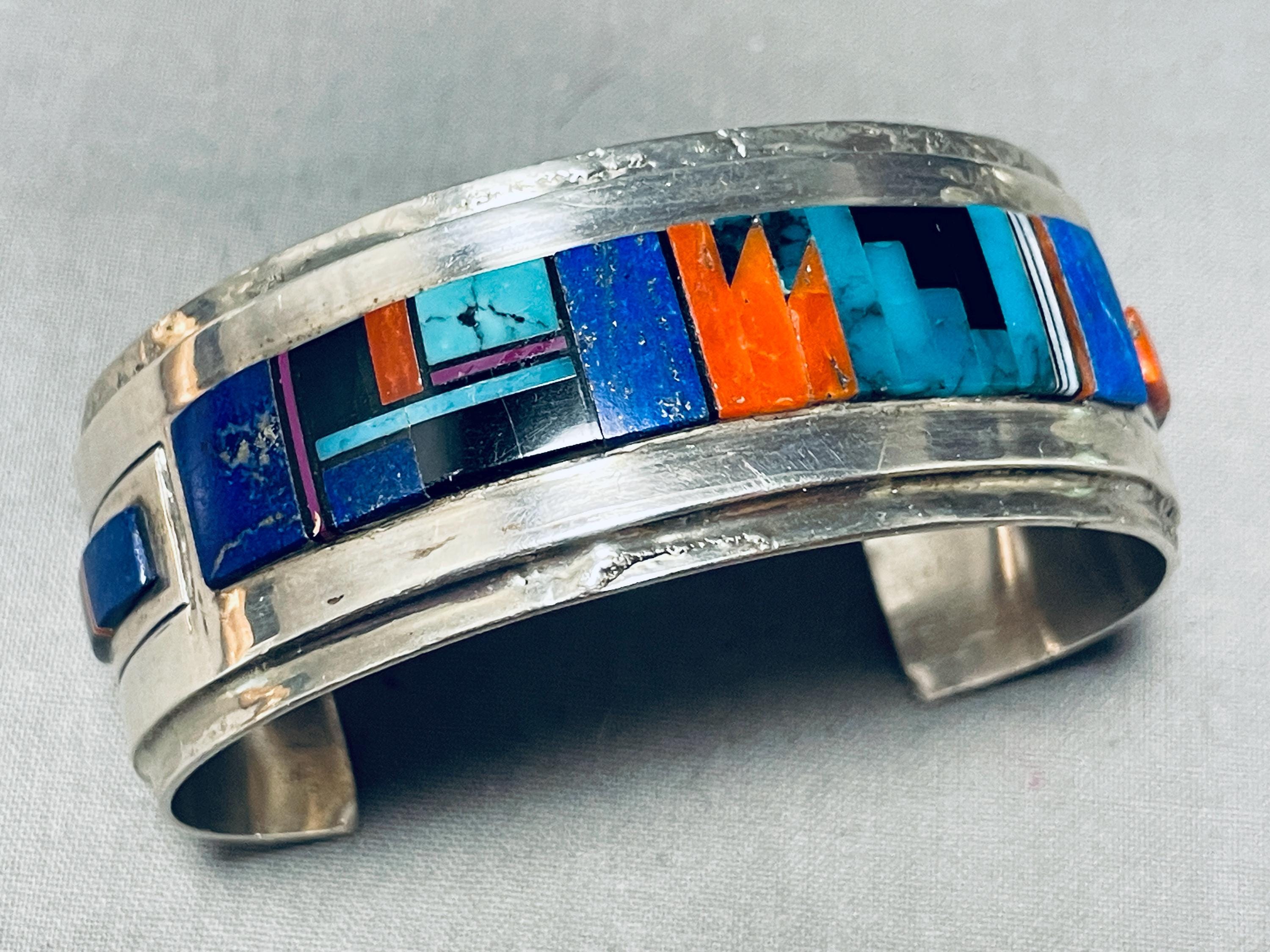 Incredible Vintage Native American Navajo Turquoise Coral Sterling Silver Inlay Wave Bracelet Incredible Vintage Native American Navajo Turquoise Coral Sterling Silver Inlay Wave Bracelet