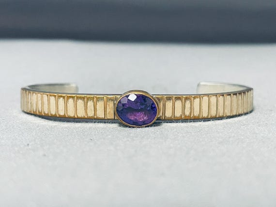 Smithsonian Artist Vintage Native American Navajo Amethyst Gold Sterling Silver Bracelet Smithsonian Artist Vintage Native American Navajo Amethyst Gold Sterling Silver Bracelet