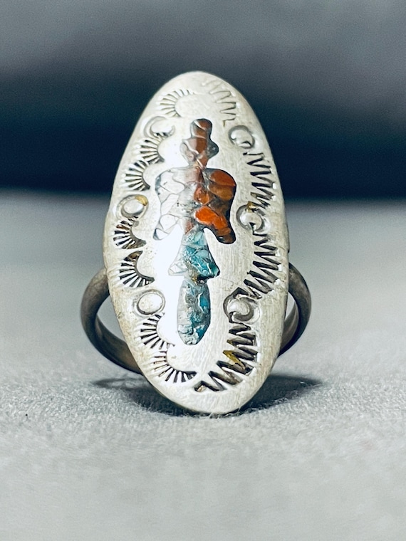 Authentic Older Vintage Native American Navajo Turquoise Coral Sterling Silver Ring Old Authentic Older Vintage Native American Navajo Turquoise Coral Sterling Silver Ring Old