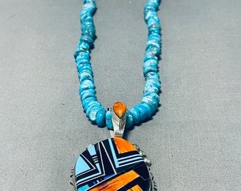 Ray Jack Vintage Native American Navajo Turquoise Spiny Oyster Sterling zilveren ketting - Doe een bod!