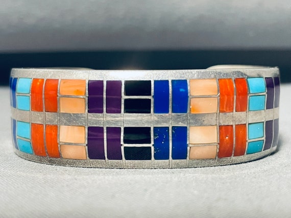 Tsadiase Vintage Native American Zuni Turquoise Inlay Sterling Silver Squared Bracelet Cuff Tsadiase Vintage Native American Zuni Turquoise Inlay Sterling Silver Squared Bracelet Cuff
