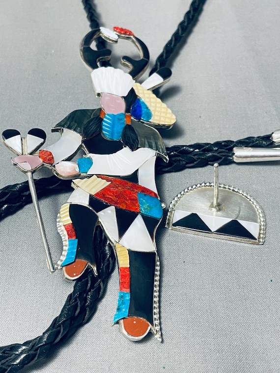 Six Inch Tall Native American Zuni Turquoise Sterling Silver Bolo Tie Statue With Stand Six Inch Tall Native American Zuni Turquoise Sterling Silver Bolo Tie Statue With Stand
