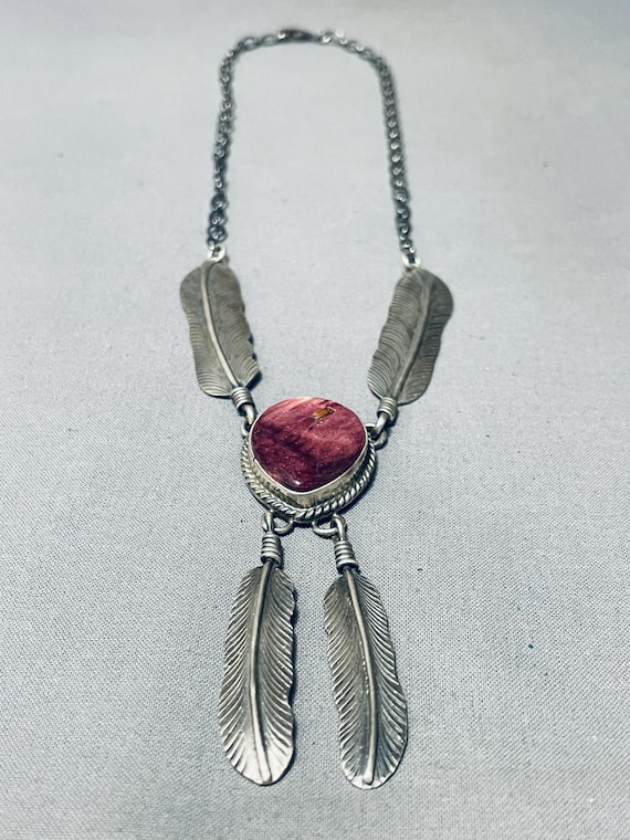 Intricate Longer Vintage Native American Navajo Leaf Sterling Silver Purple Shell Necklace Intricate Longer Vintage Native American Navajo Leaf Sterling Silver Purple Shell Necklace