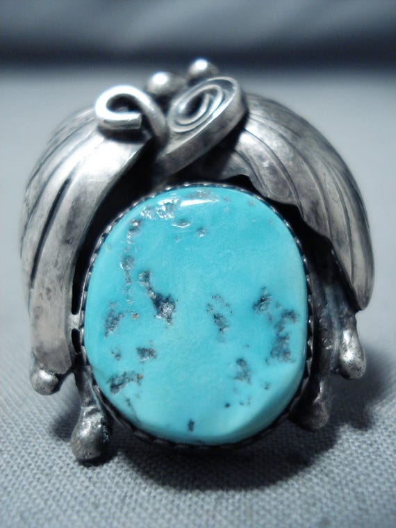 Double Leaf Vintage Native American Navajo Sleeping Beauty Turquoise Sterling Silver Ring Double Leaf Vintage Native American Navajo Sleeping Beauty Turquoise Sterling Silver Ring
