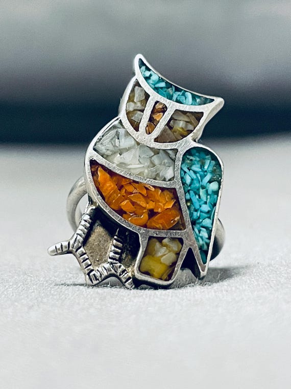 Fascinating Vintage Signed Native American Zuni Turquoise Inlay Bird Sterling Silver Ring Fascinating Vintage Signed Native American Zuni Turquoise Inlay Bird Sterling Silver Ring