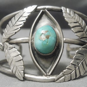 Superior Vintage Native American Navajo Turquoise Sterling Silver Leaf Bracelet Old Superior Vintage Native American Navajo Turquoise Sterling Silver Leaf Bracelet Old