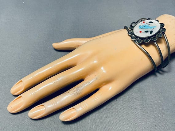Ornate Vintage Native American Zuni Inlay Turquoise Blue Jay Sterling Silver Sizable Bracelet Ornate Vintage Native American Zuni Inlay Turquoise Blue Jay Sterling Silver Sizable Bracelet