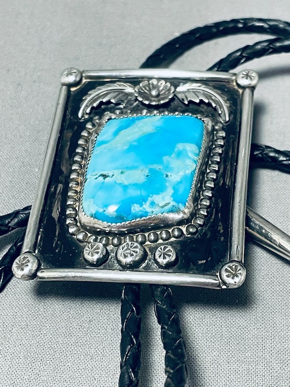 Excellent Vintage Native American Navajo Pilot Mountain Turquoise Sterling Silver Bolo Excellent Vintage Native American Navajo Pilot Mountain Turquoise Sterling Silver Bolo