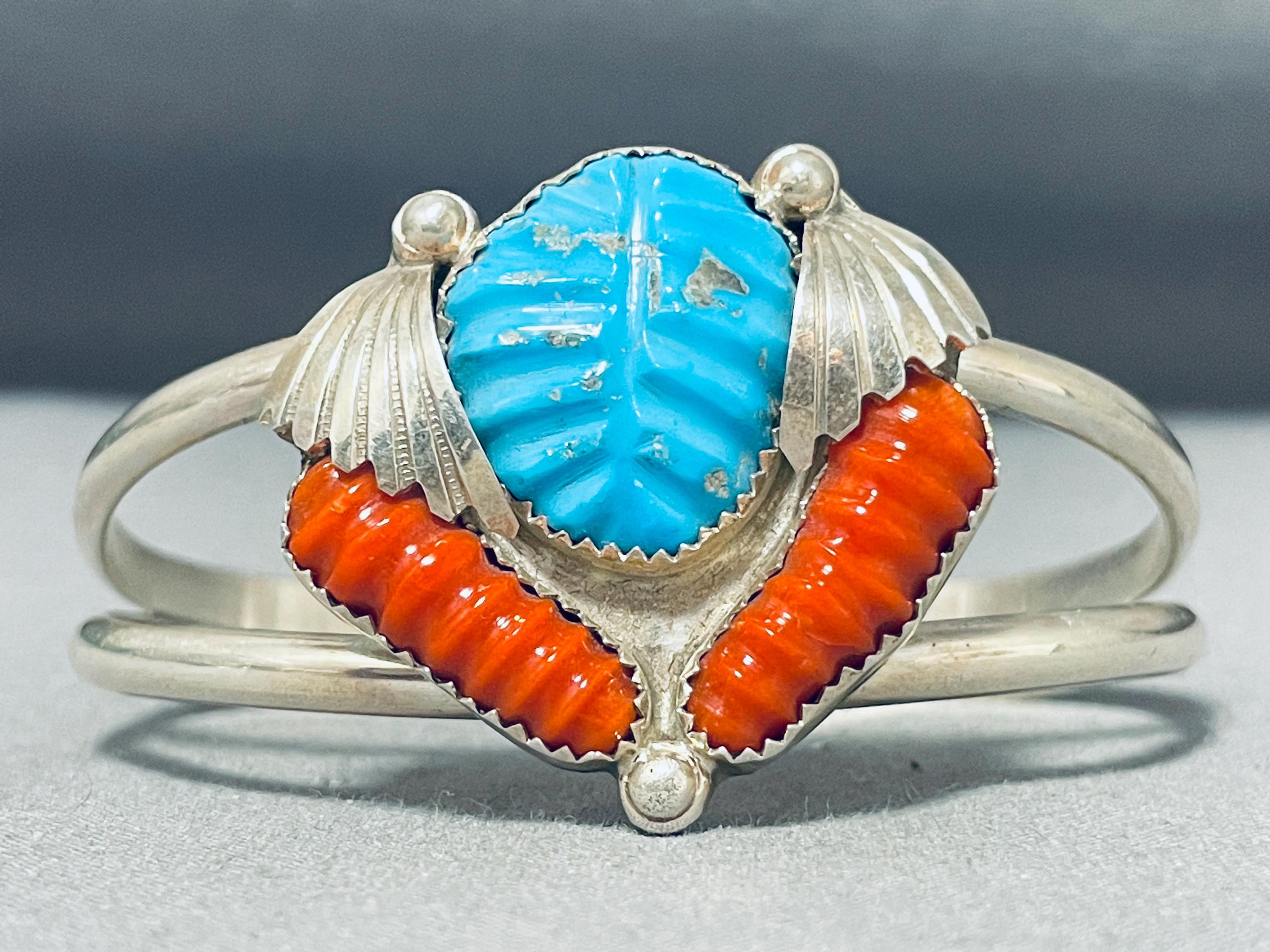 navajo ZUNI ターコイズ コーラル 925 トップ フラワー Astonishing Native American Zuni Kingman Turquoise and Coral