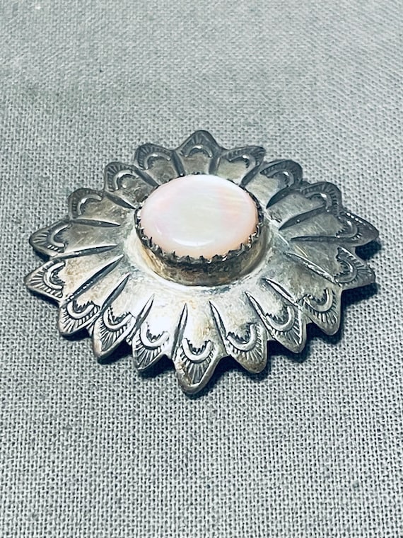 Native American Brilliant Vintage Navajjo Signed Mother Of Pearl Sterling Silver Pin Native American Brilliant Vintage Navajjo Signed Mother Of Pearl Sterling Silver Pin