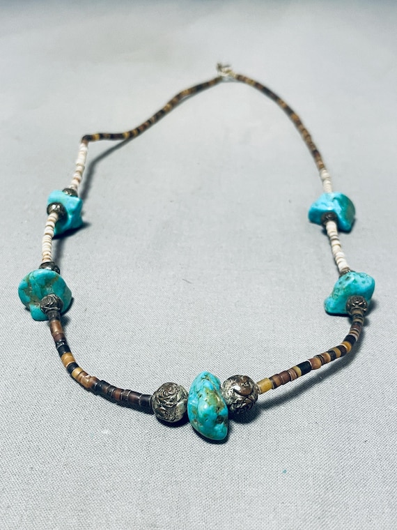 Native American Rare Vintage Santo Domingo Blue Gem Turquoise Shell Sterling Silver Necklace Native American Rare Vintage Santo Domingo Blue Gem Turquoise Shell Sterling Silver Necklace