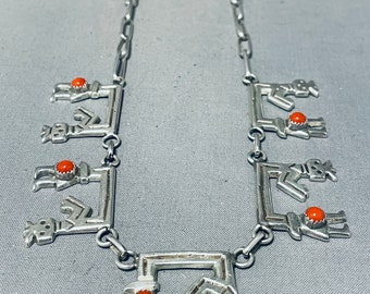 Incomparable Vintage Native American Navajo Coral Sterling Silver Kachina Necklace - Make An Offer!