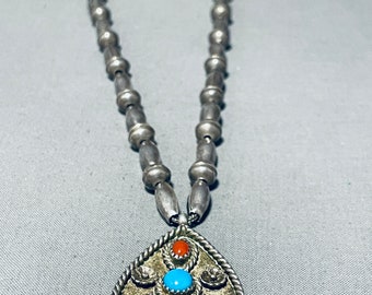 Amazing Vintage Native American Navajo Turquoise Coral Sterling Silver Necklace Old - Make An Offer!