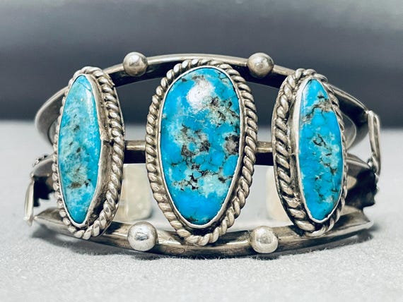 Important Mine Vintage Native American Navajo Blue Thunder Turquoise Sterling Silver Bracelet Important Mine Vintage Native American Navajo Blue Thunder Turquoise Sterling Silver Bracelet