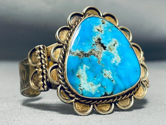 Very Rare Gold Vintage Native American Navajo Morenci Turquoise Sterling Silver Bracelet Very Rare Gold Vintage Native American Navajo Morenci Turquoise Sterling Silver Bracelet