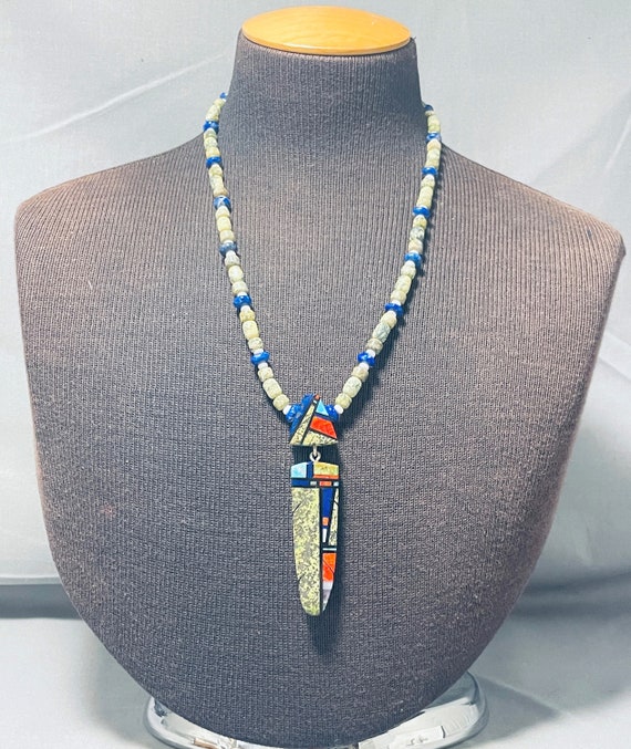Important Santo Domingo Turquoise Inlay Sterling Silver Necklace Important Santo Domingo Turquoise Inlay Sterling Silver Necklace