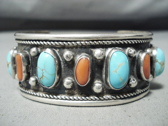 Rare Old Deposit #8 Turquoise Vintage Native American Navajo Coral Sterling Silver Bracelet Rare Old Deposit #8 Turquoise Vintage Native American Navajo Coral Sterling Silver Bracelet