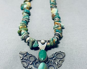Signed Native American Navajo Royston Turquoise Sterling Silver Butterfly Necklace - Make An Offer!