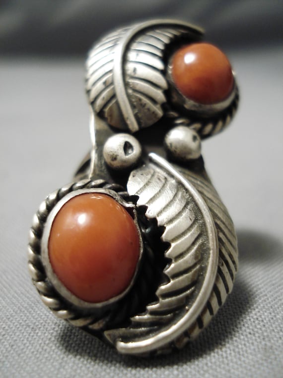 Tremendous Vintage Navajo Coral Sterling Silver Native American Ring Old Tremendous Vintage Navajo Coral Sterling Silver Native American Ring Old