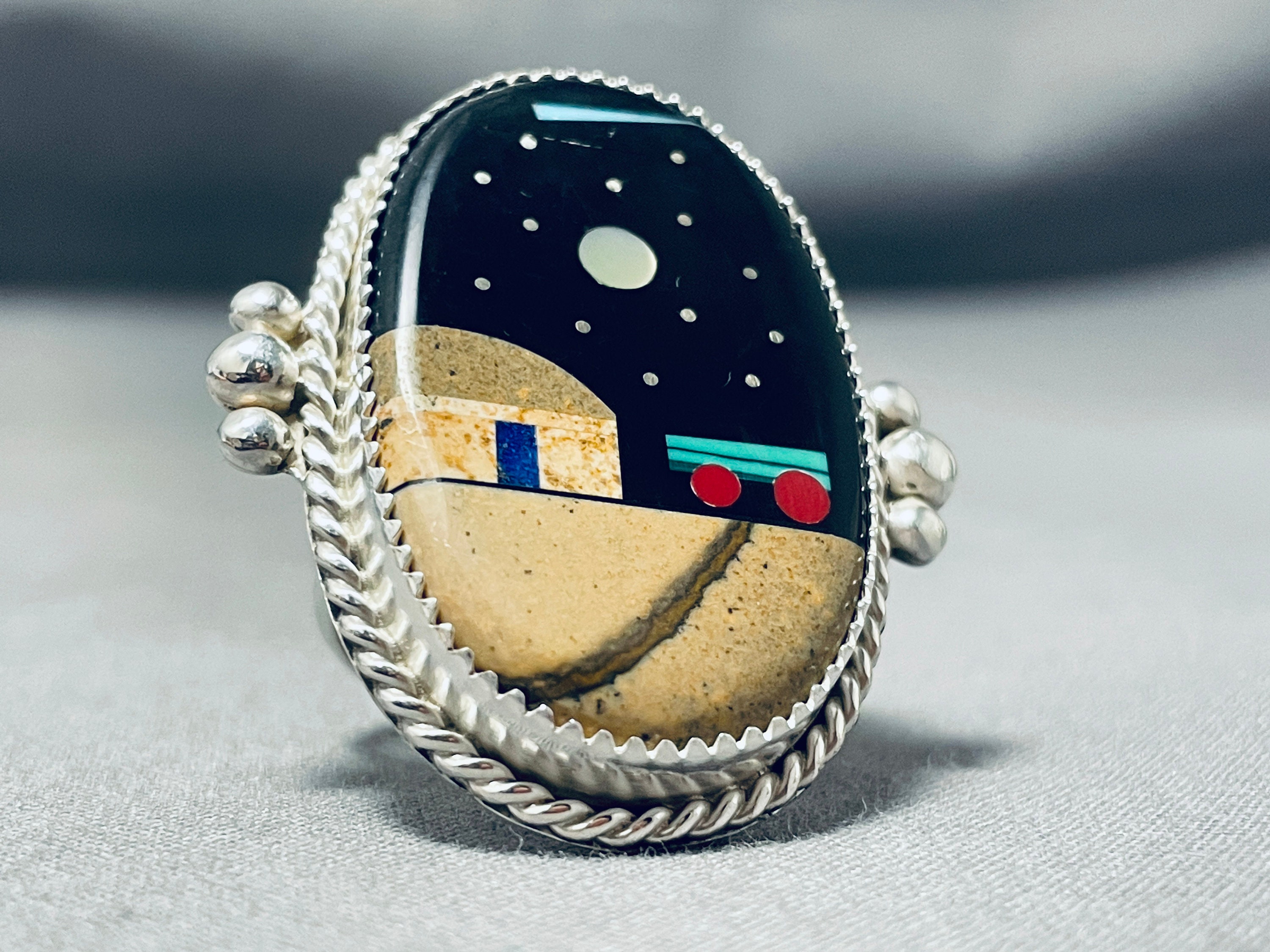 Spectacular Native American Navajo Signed Cosmic Inlay Jet Coral Sterling Silver Oval Ring Spectacular Native American Navajo Signed Cosmic Inlay Jet Coral Sterling Silver Oval Ring
