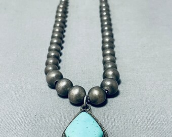 Rare Vintage Native American Navajo Green Turquoise Sterling Silver Necklace - Make An Offer!