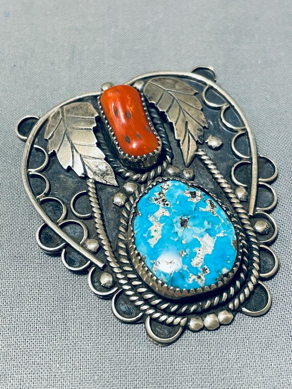 Superb Vintage Native American Navajo Kingman Turquoise Coral Sterling Silver Large Pin Pendant Superb Vintage Native American Navajo Kingman Turquoise Coral Sterling Silver Large Pin Pendant