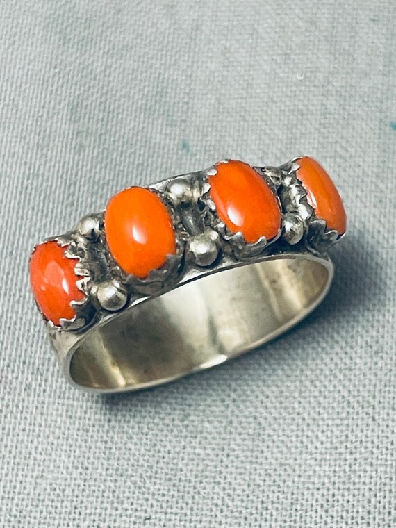 Cute Native American Navajo Domed Coral Sterling Silver Stamped Ring Cute Native American Navajo Domed Coral Sterling Silver Stamped Ring