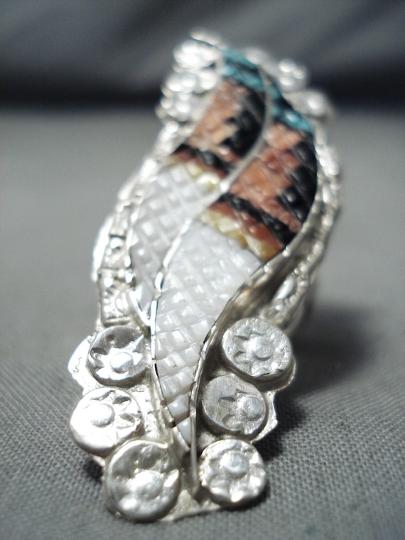 Exquisite Native American Zuni Inlay Textured Turquoise Coral Sterling Silver Feather Ring Exquisite Native American Zuni Inlay Textured Turquoise Coral Sterling Silver Feather Ring