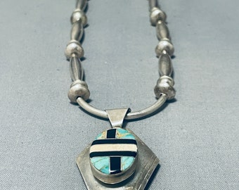 Dropdead Prachtige Vintage Native American Navajo Turquoise Inlay Sterling zilveren ketting - Doe een bod!