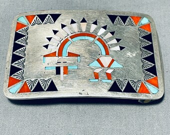 Fascinating Vintage Native American Zuni Inlay Jet Coral Turquoise Rainbow Man Silver Buckle - Make An Offer!