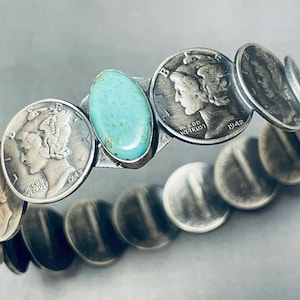 Sensational Native American Navajo Signed Royston Turquoise 14 Mercury Silver Dimes Bangle Sensational Native American Navajo Signed Royston Turquoise 14 Mercury Silver Dimes Bangle