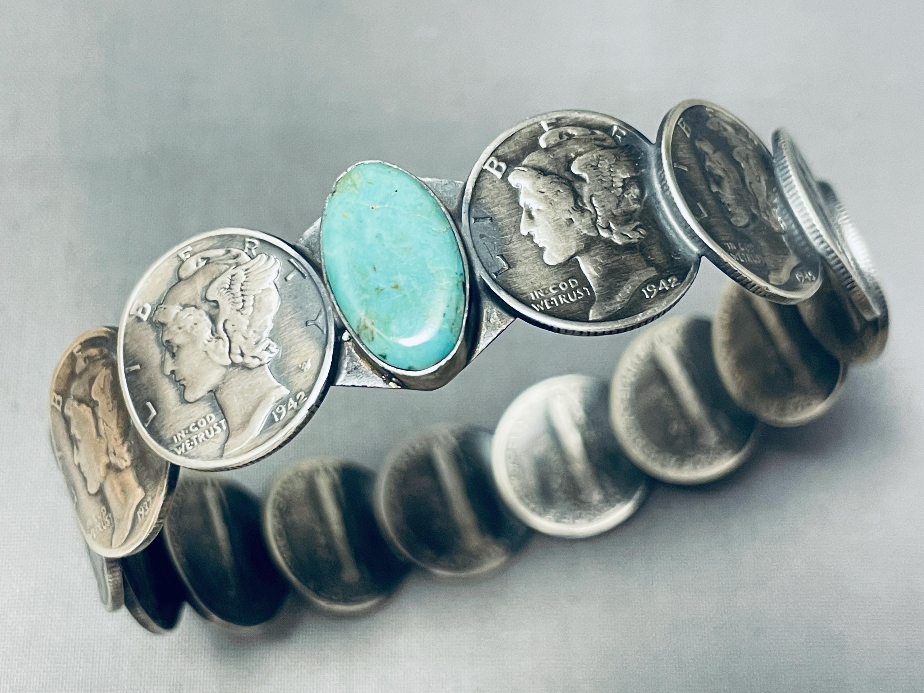 Sensational Native American Navajo Signed Royston Turquoise 14 Mercury Silver Dimes Bangle Sensational Native American Navajo Signed Royston Turquoise 14 Mercury Silver Dimes Bangle