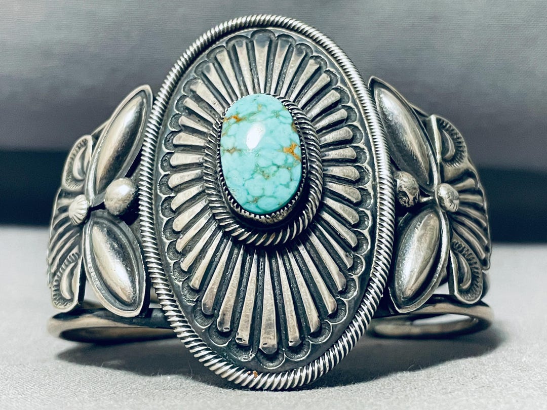 Early Repoussed Galore Vintage Native American Navajo Turquoise Sterling Silver Bracelet Early Repoussed Galore Vintage Native American Navajo Turquoise Sterling Silver Bracelet