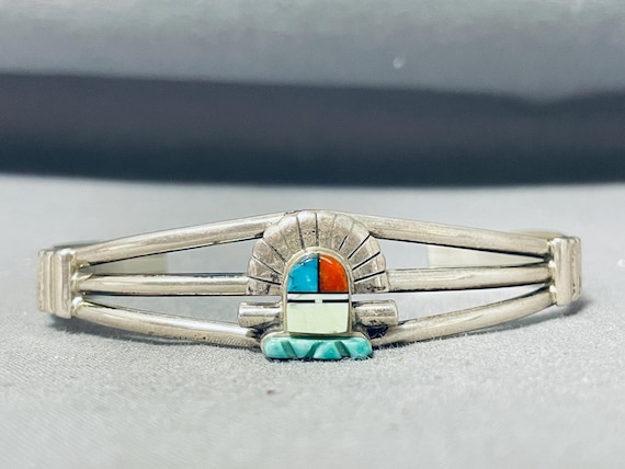 Noteworthy Vintage Native American Zuni Turquoise Coral Sterling Silver Kachina Bracelet Noteworthy Vintage Native American Zuni Turquoise Coral Sterling Silver Kachina Bracelet