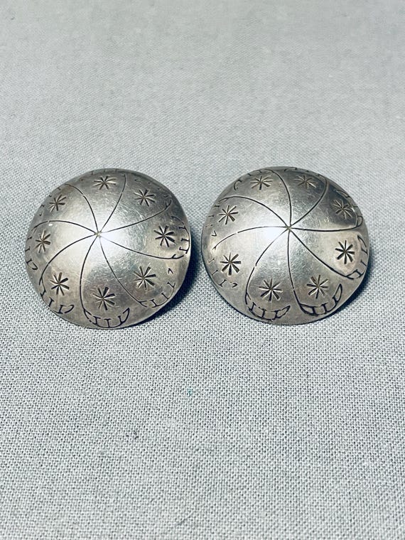 Hand Tooled Button Vintage Native American Navajo Sterling Silver Earrings Old Hand Tooled Button Vintage Native American Navajo Sterling Silver Earrings Old
