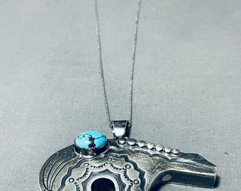 Speciale Vintage Native American Navajo Blue Diamond Turquoise Sterling zilveren beer ketting - Doe een bod!