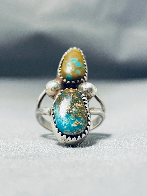 Fantastic Vintage Native American Navajo 8 Turquoise Sterling Silver Ring Fantastic Vintage Native American Navajo 8 Turquoise Sterling Silver Ring