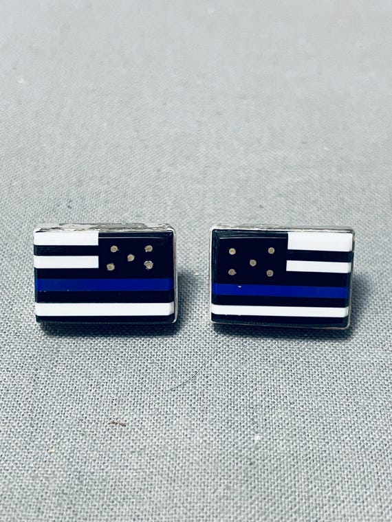Important Patriotic Native American Navajo Inlay Sterling Silver Lapis Earrings Important Patriotic Native American Navajo Inlay Sterling Silver Lapis Earrings