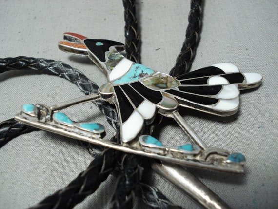 Roadrunner Bird Magnificent Native American Men/'s Bolo Tie Turquoise and Coral Vintage Unsigned Artisan Crafted Symbol of Protection