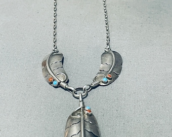 Signed Vintage Native American Navajo Long Feather Sterling Silver Turquoise Necklace - Make An Offer!
